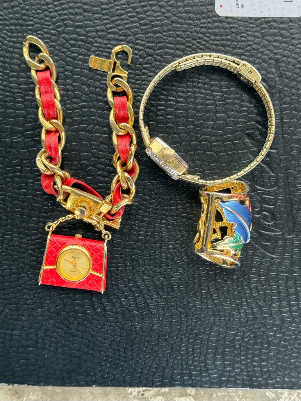 Gold-Tone Red Leather Chain Charm Watch Bracelet - Unbranded
